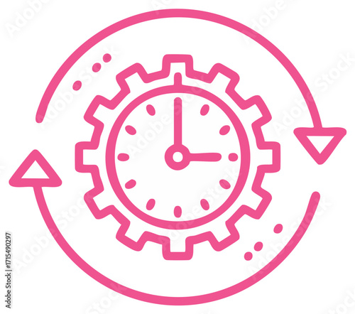 Pink Gear Clock with Circular Arrows, Time Management Workflow Icon, Productivity Process