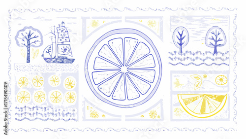 Whimsical watercolor citrus slices and nautical scenes create a charming decorative pattern for summer