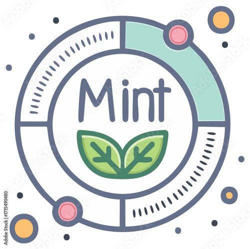 Stylized mint leaf icon with text inside a circular progress chart symbol for nature or finance concepts