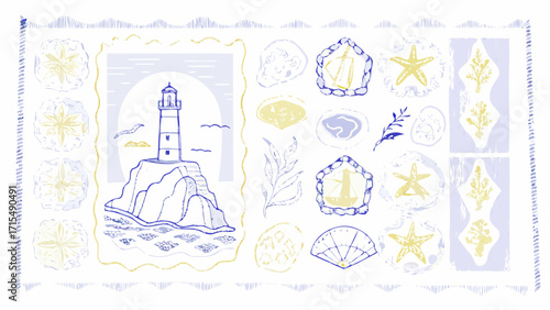 Charming coastal scene with lighthouse, seashells, and nautical elements, evoking serene seaside vibes.