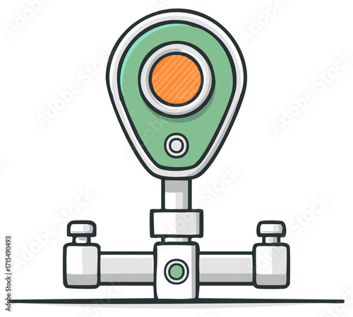 Stylized measuring sensor device with an orange display and green casing on a stable base vector illustration