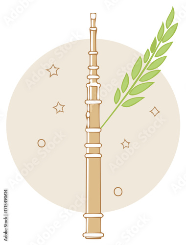 Illustrative Reed Flute with Green Leaves and Geometric Shapes for Musical or Cultural Representation