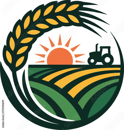 Agricultural Logo Featuring Wheat, Tractor, and Sunrise. A stylized, round logo showcasing a vibrant agricultural scene.