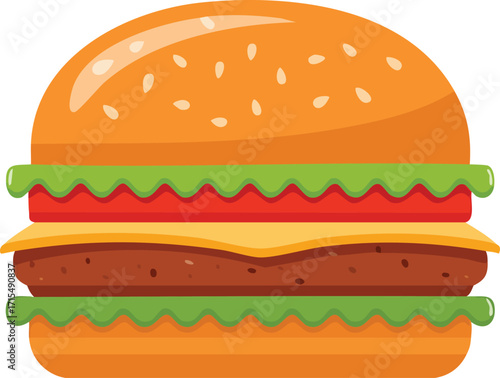 A delicious, classic cheeseburger with lettuce and tomato in a sesame seed bun. A flat design vector illustration of fast food. Generative AI