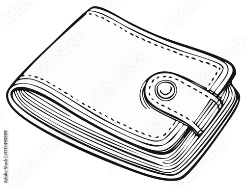 Line art illustration of a closed wallet, featuring a strap, providing a detailed, financial or accessory design.