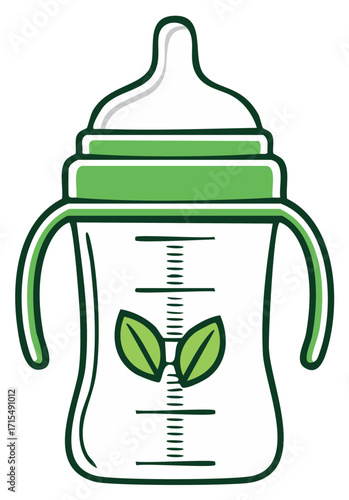 Cute baby bottle adorned with leaves design and handles, promoting organic baby feeding products