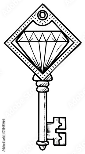 Diamond Key Outline, Antique Key with Ornate Design and Jewel, Treasure Key