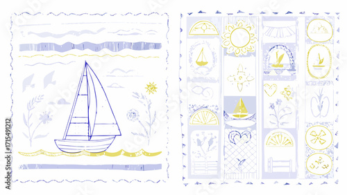Charming sailboat glides on wavy seas with whimsical floral and bird motifs, evoking summer joy.