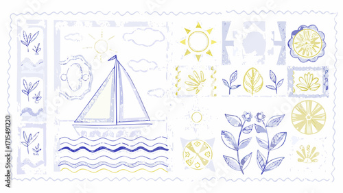 Charming sailboat glides on wavy ocean waters under a sunny sky amidst whimsical floral elements