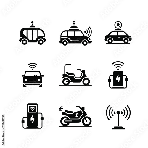 Autonomous Vehicle & EV Icons Self-Driving Cars, Electric Scooters, Charging Stations