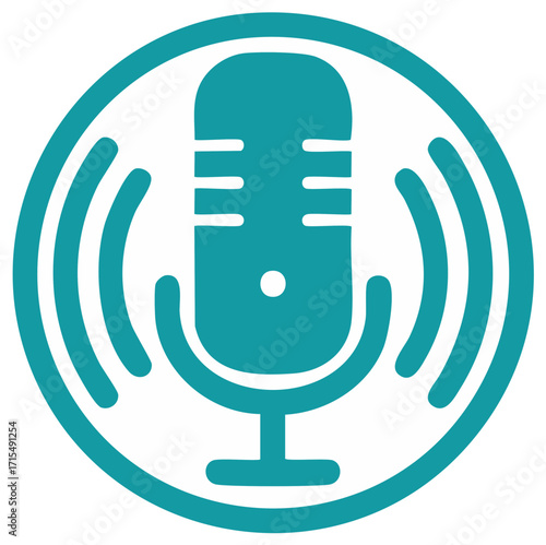 Teal microphone icon with sound waves, podcast logo, audio symbol in simple and modern vector design