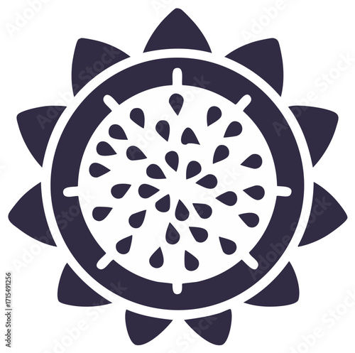 Dragon fruit graphic icon, cross section of exotic fruit with seeds, floral star shape with tropical food elements
