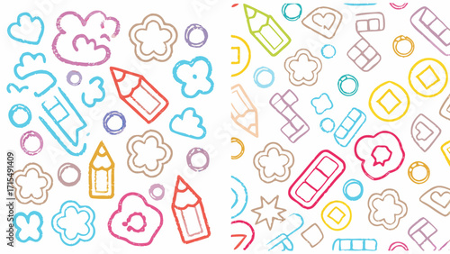 Vibrant, playful hand-drawn icons in pastel colors create a delightful, whimsical pattern for kids' products