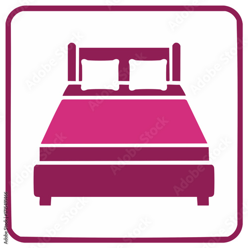 Vector illustration of a bed with pillows and blanket in a square frame