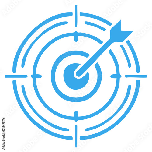 Blue arrow striking bullseye of a circular target icon representing business goals success and accuracy