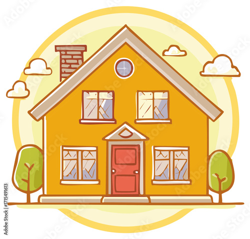 Cartoon House Illustration With Trees and Clouds in a Sunshine Circle