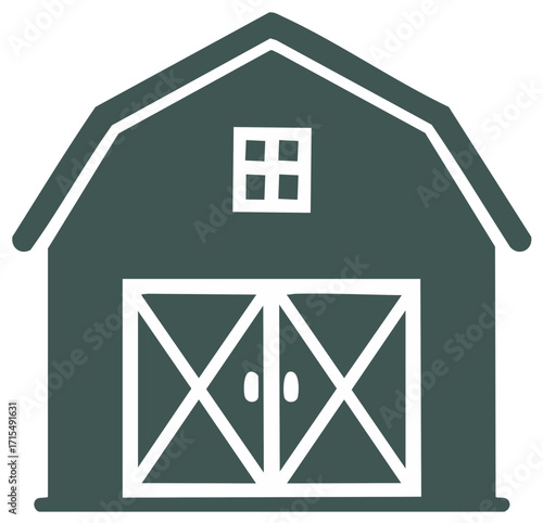 Simple vector farm barn illustration with doors and square window set in a rural style on a green and white color scheme