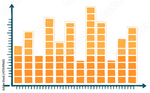 Hand drawn bar chart with varying orange bars and a blue axis and scale.