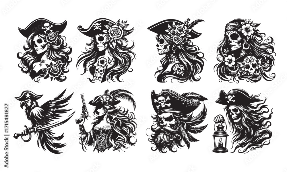 Obraz premium Eight Bundle Black and White Illustrations of Female Pirates, Skulls, and Roses skeleton