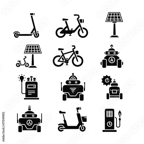 A conceptual collection of glyph icons representing future innovations in transportation, robotics, and sustainable energy technology