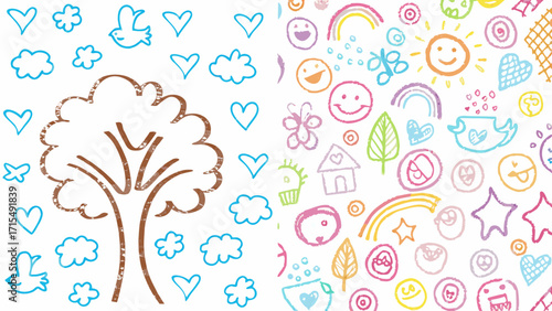 Whimsical hand-drawn doodles of nature, smiley faces, and rainbows inspire joy and creativity for kids