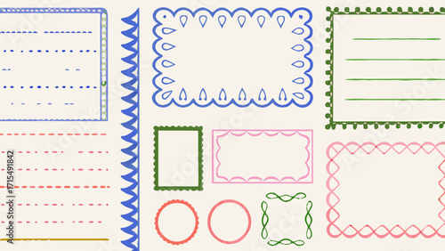 Charming hand-drawn decorative borders and frames add playful flair to creative projects