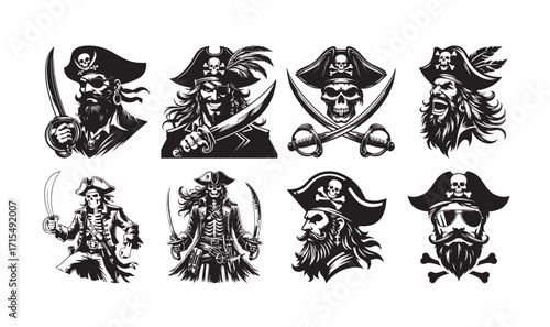 Set of Eight Bundle Black and White Pirate Portraits with Skulls and Swords skeleton beard