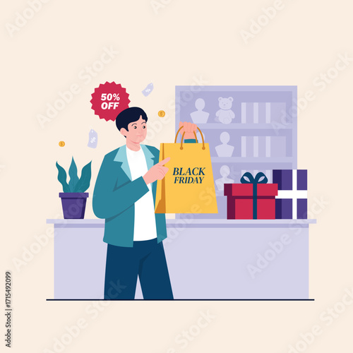 Excited Man Holding Black Friday Shopping Bag at Checkout with Gifts
