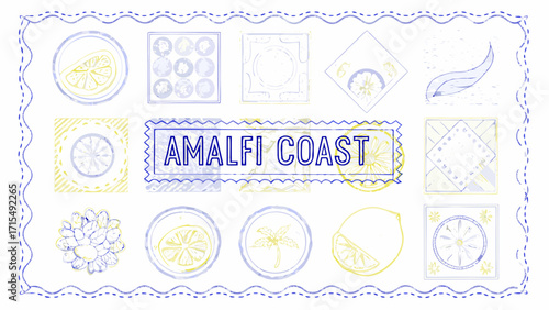 Vibrant Amalfi Coast scenes with lemons and coastal motifs create a lively Mediterranean travel vibe