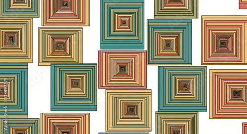 Abstract geometric pattern of nested squares in teal, brown, and red hues.