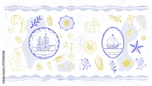 Whimsical nautical illustrations of sailboats and ships with decorative elements create charming coastal vibes