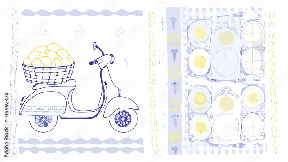 Fototapeta premium Charming scooter delivers fresh lemons and vibrant citrus slices, perfect for summer refreshment themes.