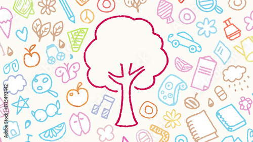 Joyful doodle pattern with a central tree silhouette, evoking creativity and childhood wonder for design
