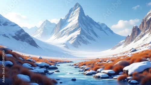 A serene winter landscape with a picturesque mountain range, a flowing stream, and patches of snow-covered rocks.