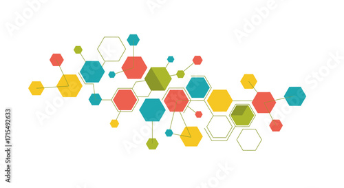 Colorful hexagonal shapes interconnected by lines, creating a network design.