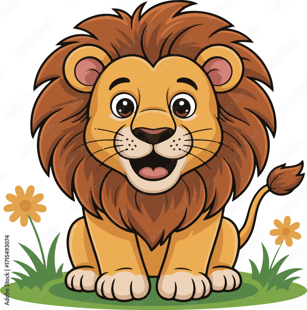 Obraz premium Cute cartoon lion sitting in grass with flowers