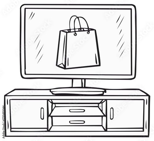 Online shopping bag displayed on a television screen over an entertainment console cartoon illustration