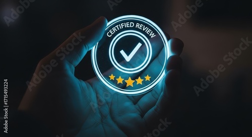 Hand holding a glowing certified review badge with stars for customer satisfaction