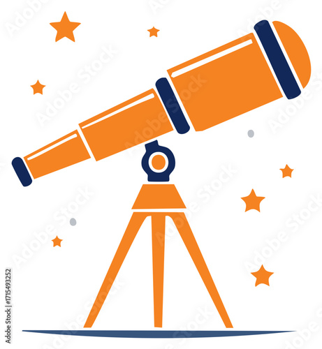 Orange and Blue Telescope Observing Stars on a White Background