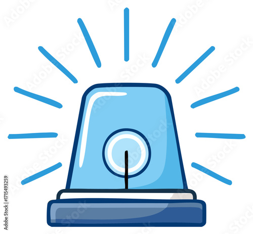 Cartoon blue siren with light bursts, emergency alert symbol illustration