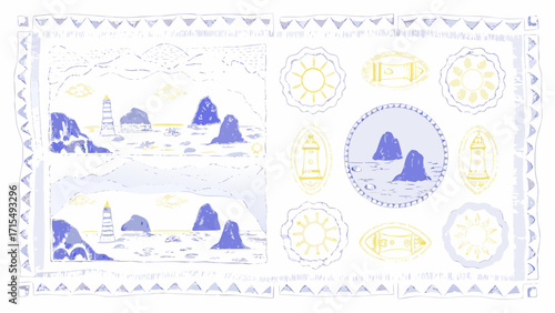 Charming coastal scenes with lighthouses and rocky islands, rendered in a delightful, artistic style.