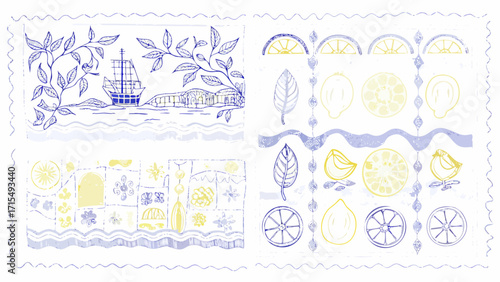 Charming Mediterranean coastal scene with sailing ship and vibrant lemon motifs