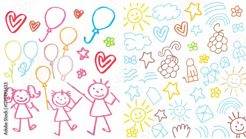 Joyful children's crayon drawings celebrate happy moments with sun, balloons, and hearts galore