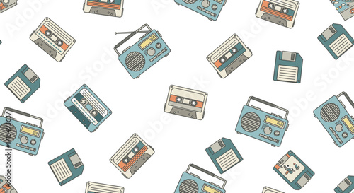 Pattern of retro technology including cassette tapes, floppy disks, and boomboxes on a white background.
