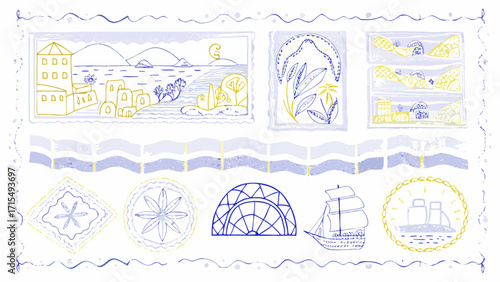 Charming coastal village scenes and nautical elements evoke serene summer travel adventures