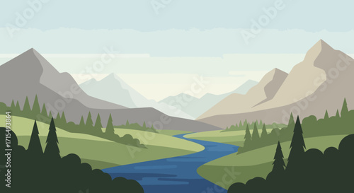 Serene landscape with a river flowing through mountains and green fields.