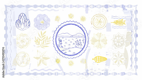 Charming blue and yellow artistic collage featuring nature motifs and travel elements