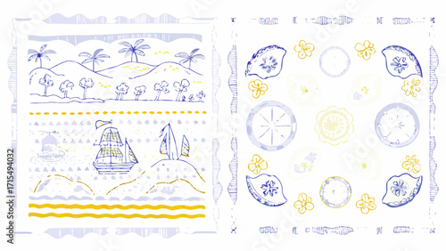 Charming nautical and tropical scenes with sailing ships and palm trees evoke summer adventures and island getaways.