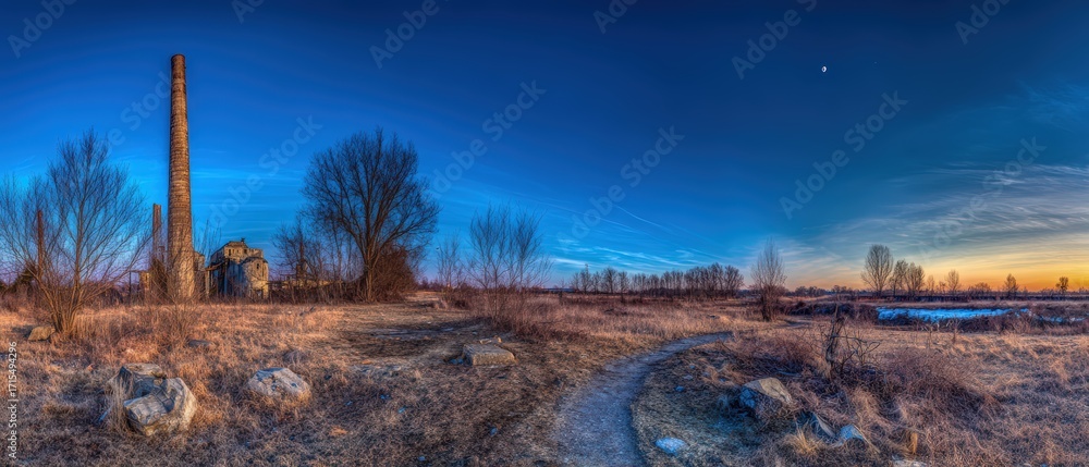Obraz premium Wide panoramic view of a rural landscape with old chimney and barren trees du sunset on a clear evening with vibrant sky