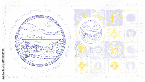 Charming Mediterranean village scene with coastal hills and serene sea vista captured in artistic stamp style
